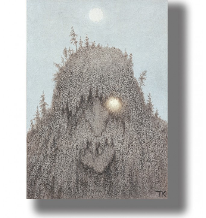Mythical forest troll hidden in a mountain under the moon, illustration by Theodor Kittelsen.