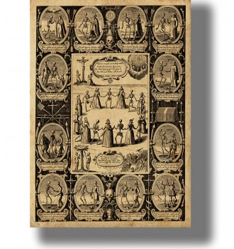 Old illustration showing skeletons dancing hand in hand with men and women.