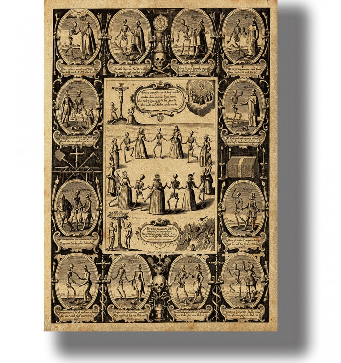 Old illustration showing skeletons dancing hand in hand with men and women.