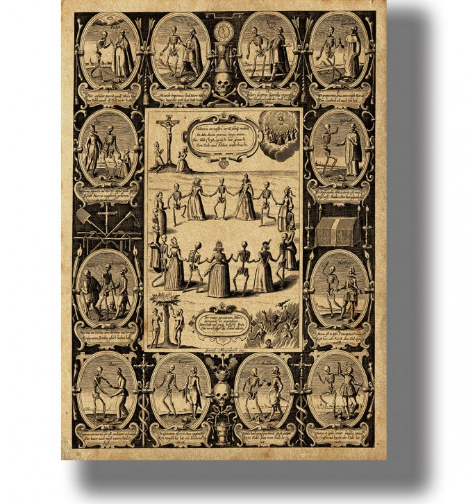 Old illustration showing skeletons dancing hand in hand with men and women.