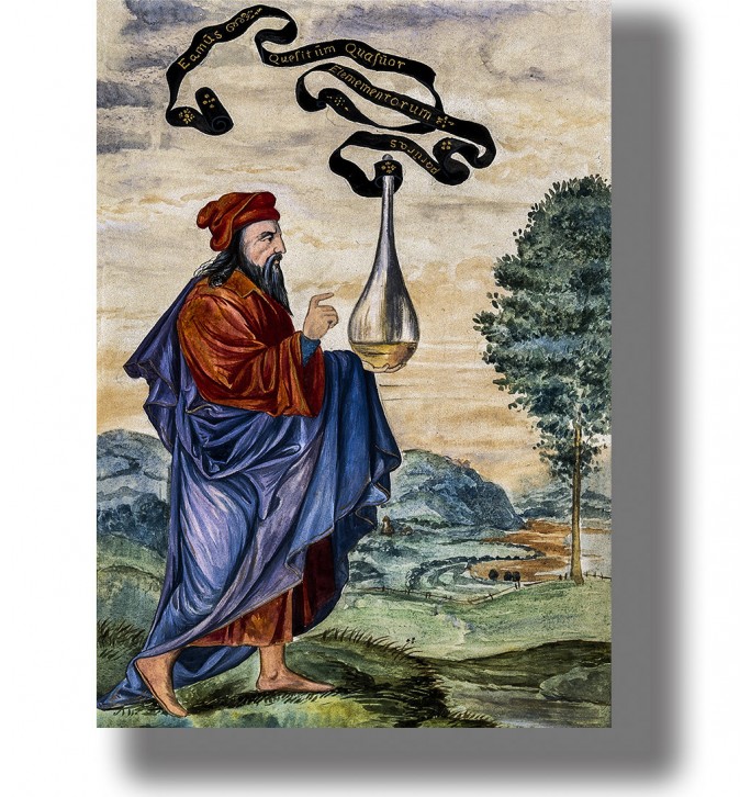 An adept of alchemy, carrying a vase of Hermes with the inscription "Let's go look for the nature of the four elements."