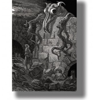 Gustave Doré engraving showing a knight facing a huge gnarled monster with clawed limbs among ruined stone walls at night.