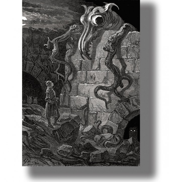 Gustave Doré engraving showing a knight facing a huge gnarled monster with clawed limbs among ruined stone walls at night.