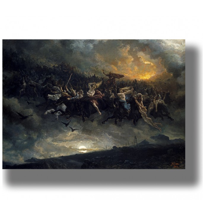 The Wild Hunt of Odin by Peter Nicolai Arbo, showing ghost riders in a dark stormy sky. Norse mythology print for wall decor.