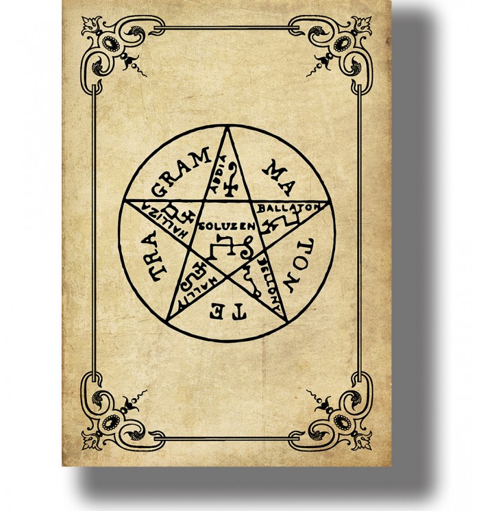 Occult pentagram from the Goetia with magical names and sigils arranged inside a circular seal.