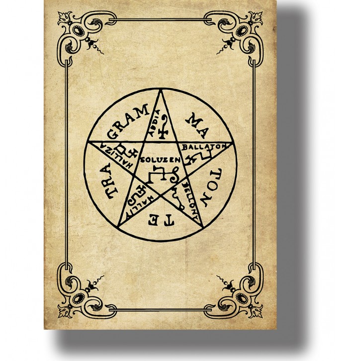 Occult pentagram from the Goetia with magical names and sigils arranged inside a circular seal.