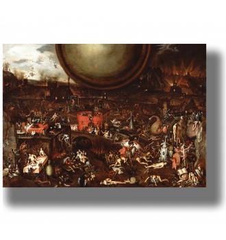 Dark infernal landscape with fire, demons, strange creatures, and many figures.