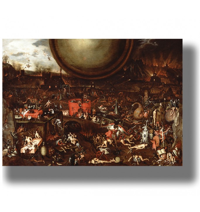Dark infernal landscape with fire, demons, strange creatures, and many figures.