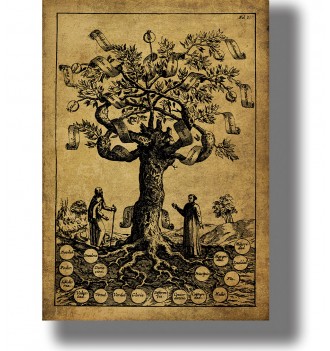 Old illustration of Ramon Llull’s Tree of Science with labeled roots and branches and two figures standing below.