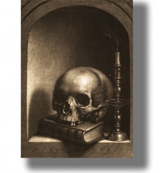 Old Vanitas print showing a human skull resting on a book beside an extinguished candle.