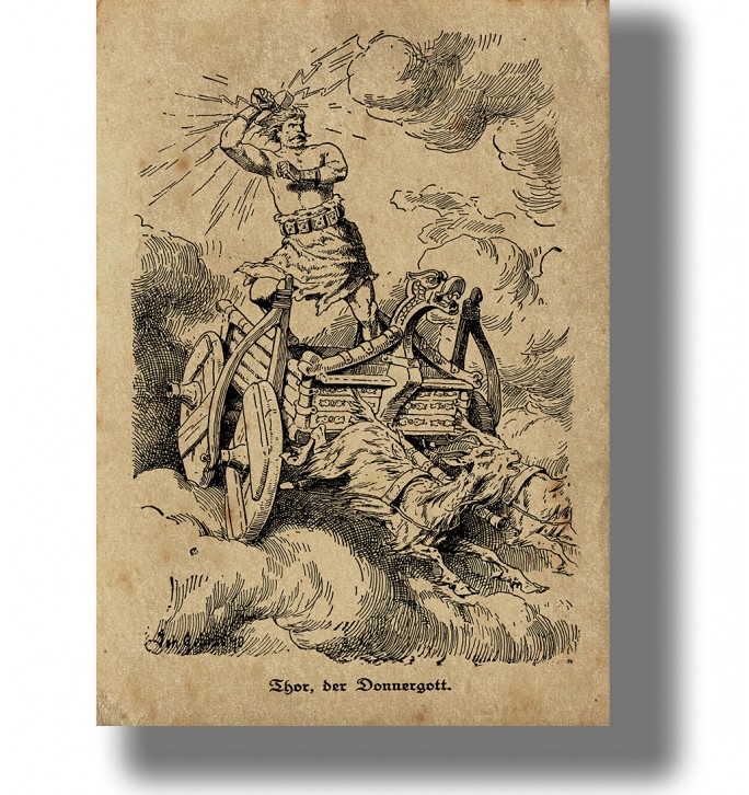 The god of Thunder Thor with the hammer Mjolnir on a chariot drawn by goats.