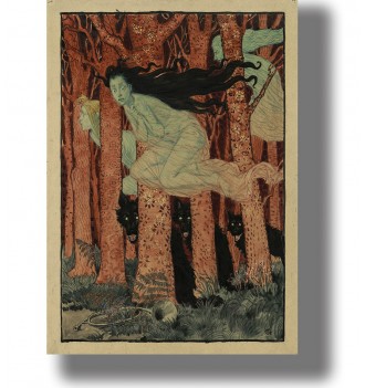 Symbolist artwork of ghostly women and black werewolves moving through a red forest.