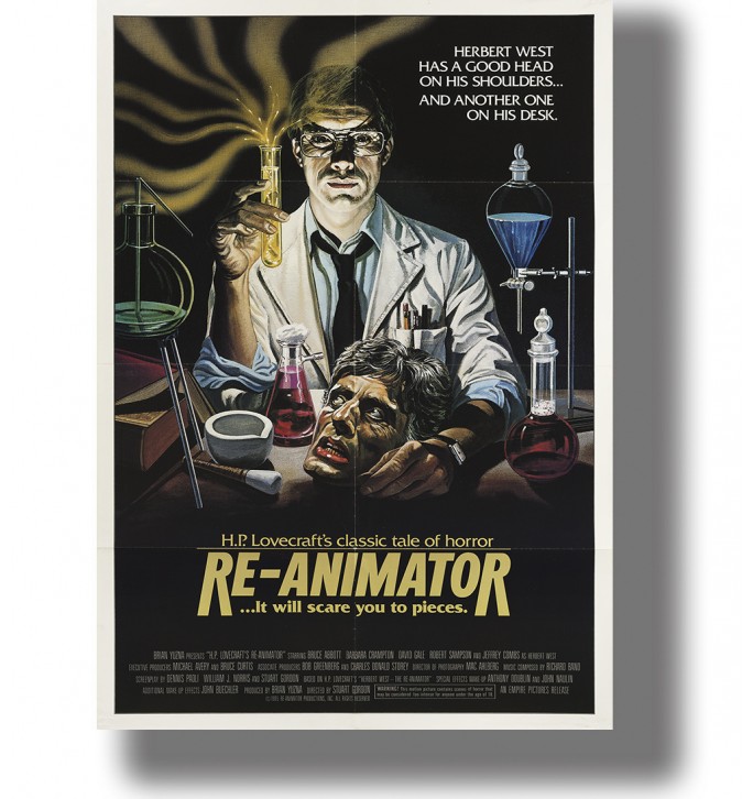 Re-Animator image showing a scientist in a white lab coat holding glowing serum above a severed head with laboratory glassware