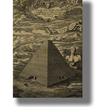 Athanasius Kircher illustration showing the Great Pyramid of Giza and Sphinx in an imagined ancient Egyptian landscape.