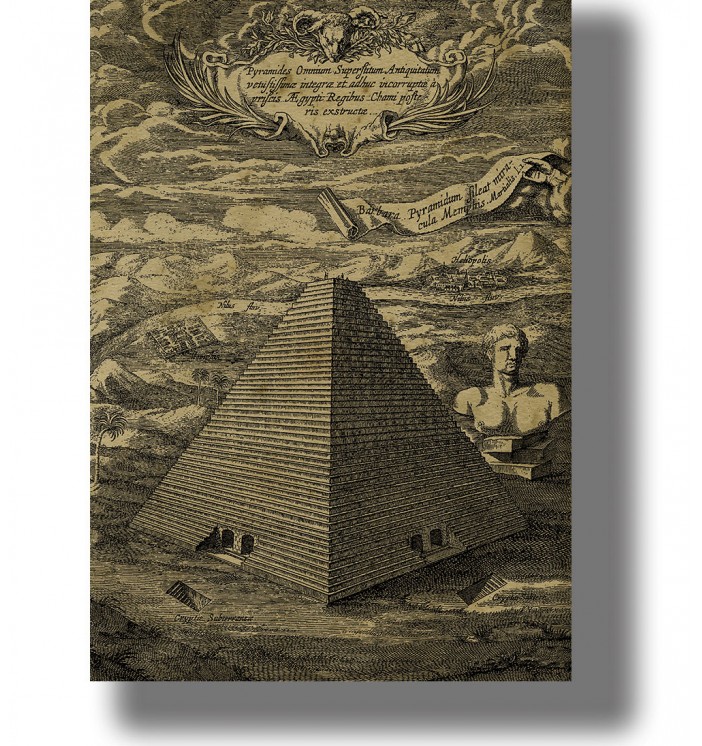 Athanasius Kircher illustration showing the Great Pyramid of Giza and Sphinx in an imagined ancient Egyptian landscape.