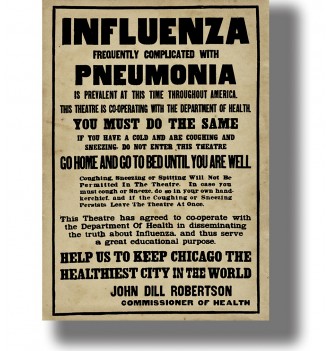 Vintage public health poster warning about influenza and pneumonia in Chicago, printed in black text on aged beige paper.