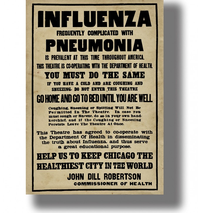 Vintage public health poster warning about influenza and pneumonia in Chicago, printed in black text on aged beige paper.