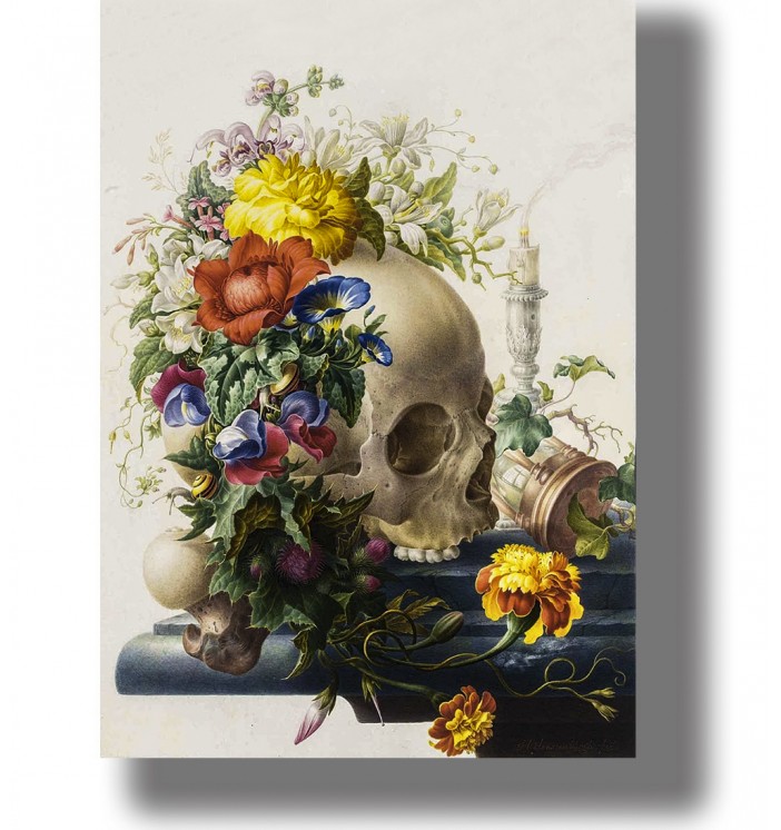 Human skull surrounded by colorful flowers beside an extinguished candle in an ornate vanitas still life.