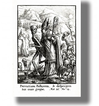 Old engraving showing a skeleton embracing the Pope among sheep in a rural landscape.