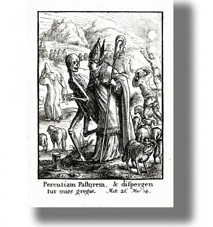 Old engraving showing a skeleton embracing the Pope among sheep in a rural landscape.