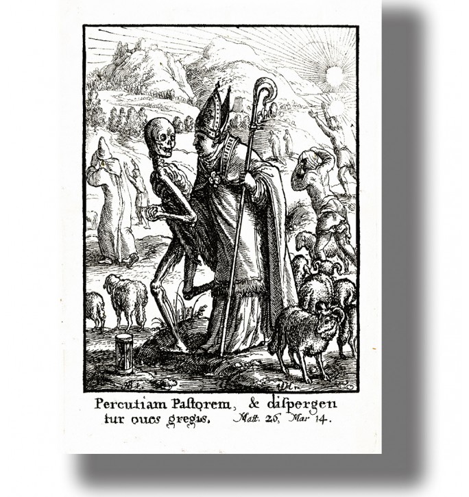 Old engraving showing a skeleton embracing the Pope among sheep in a rural landscape.