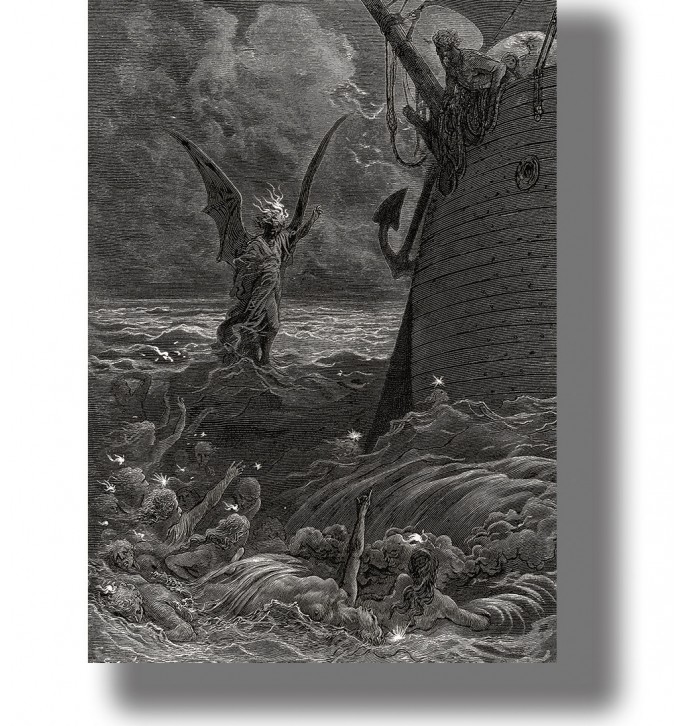 Gustave Doré engraving showing a supernatural night scene at sea with a ship, dark waves, and strange figures.