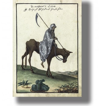 Vintage illustration of a hooded skeleton riding a mule and holding a scythe, from an old occult manuscript.
