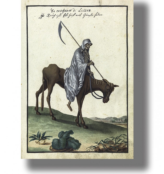 Vintage illustration of a hooded skeleton riding a mule and holding a scythe, from an old occult manuscript.