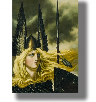 Blonde Valkyrie in armor with winged helmet and spear in a stormy mythological scene.
