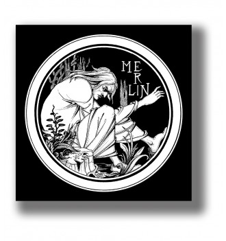 Circular illustration showing Merlin, the legendary wizard, in a stylized forest scene.