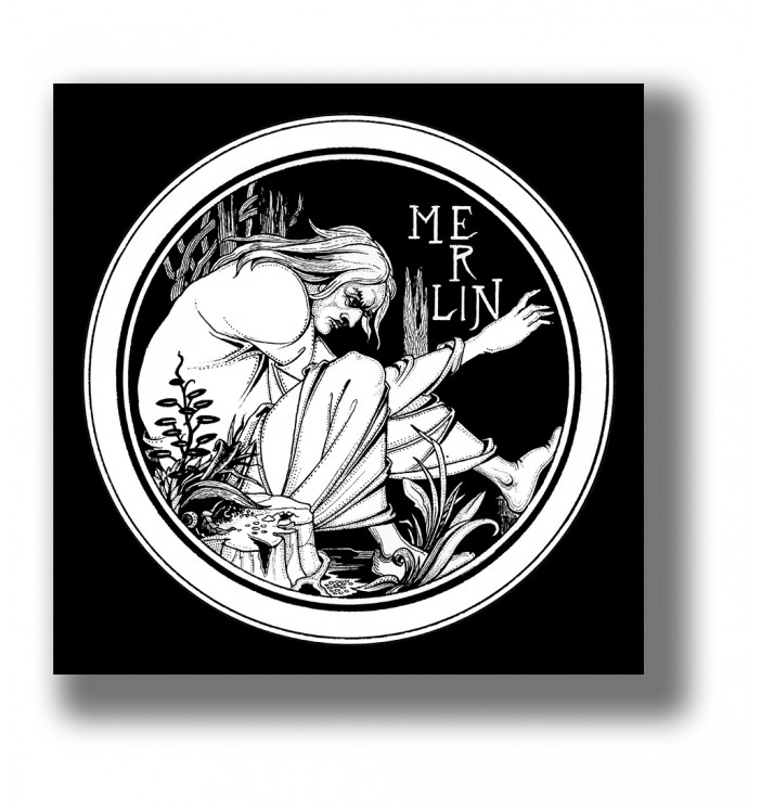 Circular illustration showing Merlin, the legendary wizard, in a stylized forest scene.