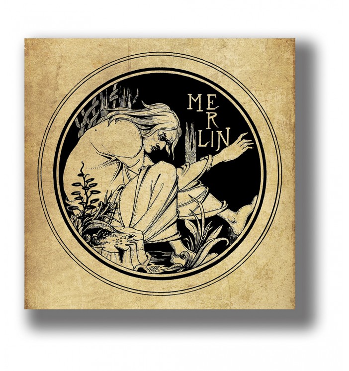 Circular illustration showing Merlin, the legendary wizard, in a stylized forest scene.