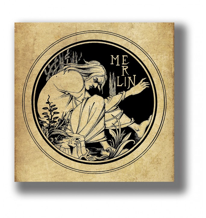 Circular illustration showing Merlin, the legendary wizard, in a stylized forest scene.