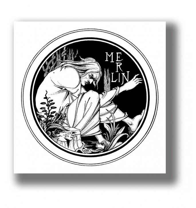 Circular illustration showing Merlin, the legendary wizard, in a stylized forest scene.