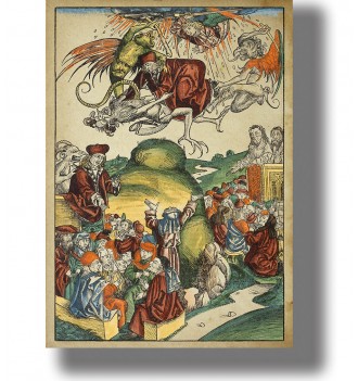 Old colored woodcut showing Simon Magus falling from the sky with demons above and a crowd watching below.
