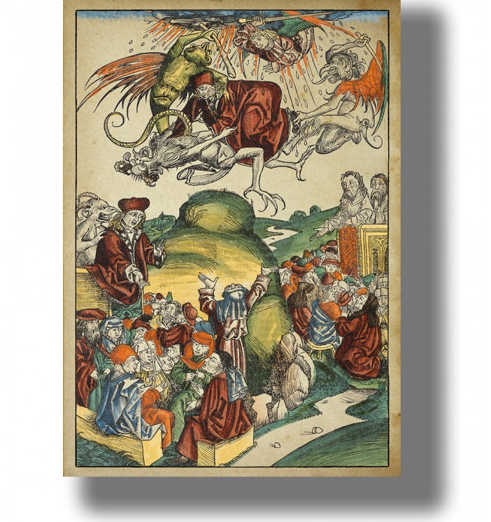 Old colored woodcut showing Simon Magus falling from the sky with demons above and a crowd watching below.