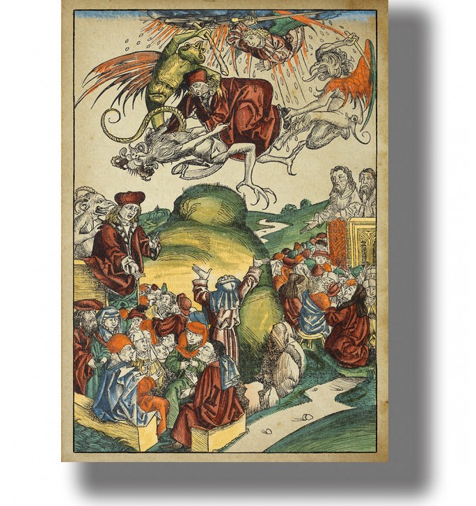 Old colored woodcut showing Simon Magus falling from the sky with demons above and a crowd watching below.