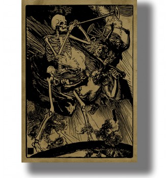 Skeleton blowing a trumpet while dark human figures fall through the air in a dramatic black and gold woodcut.