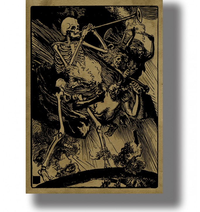 Skeleton blowing a trumpet while dark human figures fall through the air in a dramatic black and gold woodcut.