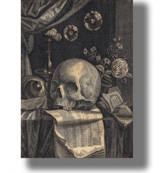 Old engraving with a human skull, extinguished candle, bubbles, flowers, books, and the words Omnia Vanitas.