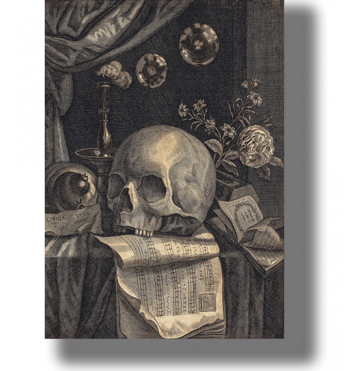 Old engraving with a human skull, extinguished candle, bubbles, flowers, books, and the words Omnia Vanitas.