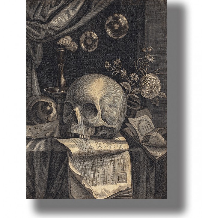 Old engraving with a human skull, extinguished candle, bubbles, flowers, books, and the words Omnia Vanitas.