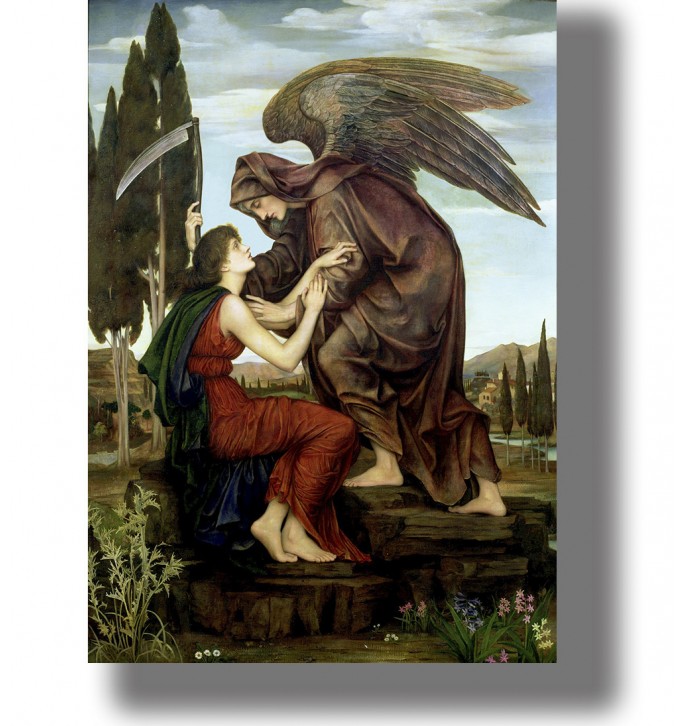 Angel of Death with wings and a scythe leaning toward a young woman in a red dress.