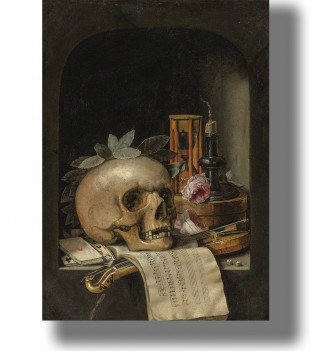 Vanitas still life with a human skull, hourglass, extinguished candle, sheet music, cards, and dice.