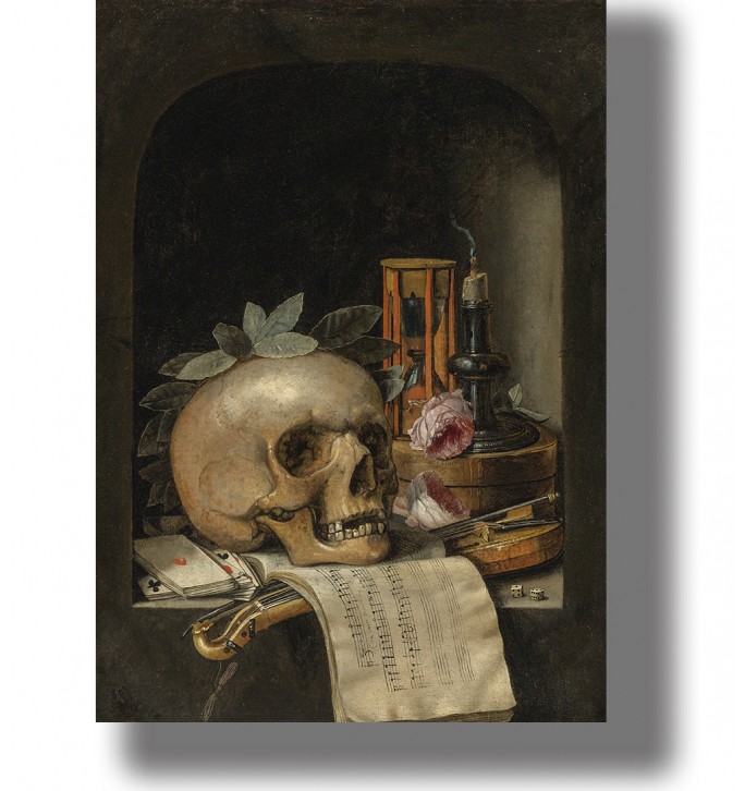 Vanitas still life with a human skull, hourglass, extinguished candle, sheet music, cards, and dice.