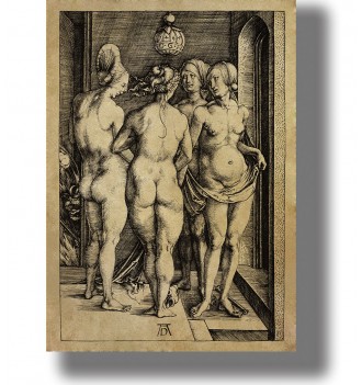 Albrecht Dürer engraving showing four nude women with a demon, skull, and bone.