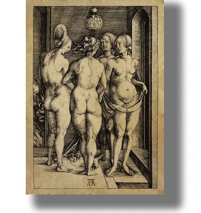 Albrecht Dürer engraving showing four nude women with a demon, skull, and bone.