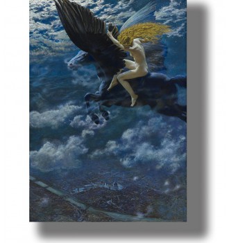 Blonde Valkyrie flying on a winged horse high above the clouds in a romantic myth painting.