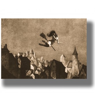 Vintage photograph by William Mortensen showing a nude witch flying on a broomstick over an old town.