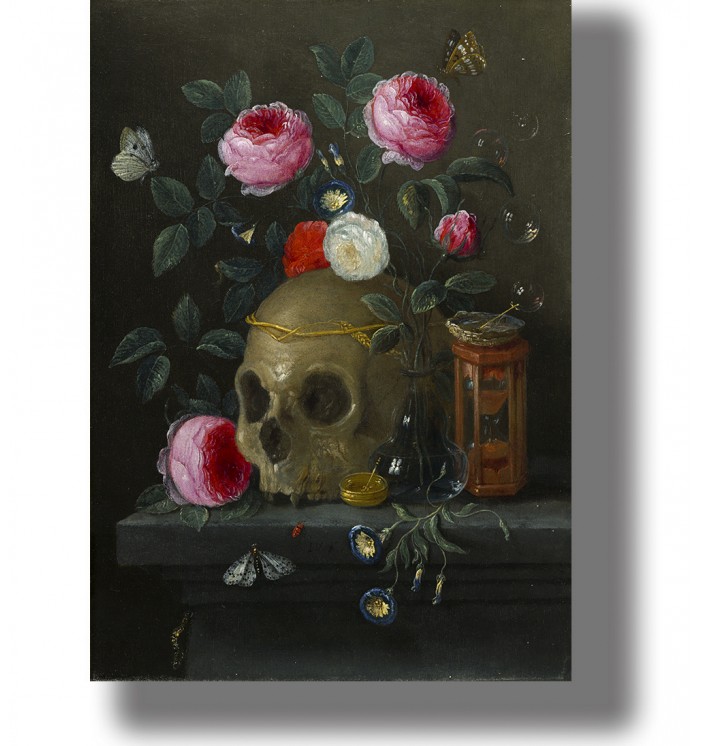 Human skull with a bouquet of cut flowers, hourglass, soap bubbles and other signs of mortality.